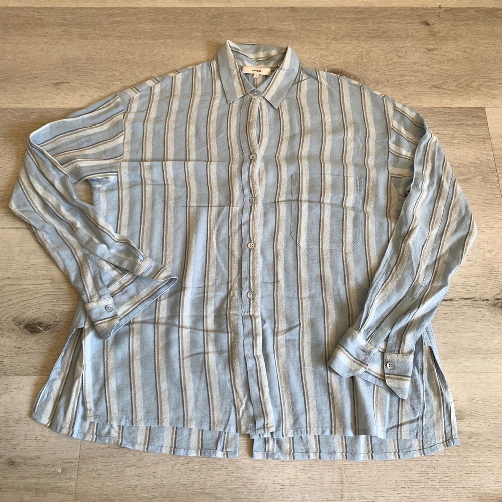 Vince Blue Striped Linen Blend Button Down Shirt Italian Fabric Small